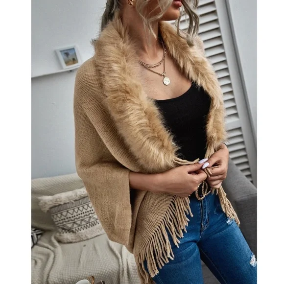 Open Poncho Style Cocoon Cardigan Sweater in Khaki Fringe Detailed - Picture 1 of 6